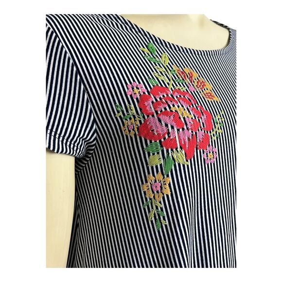 Derek Heart Women's Dress Small Blue White Stripe Floral Stretch Casual Keyhole - Picture 2 of 9